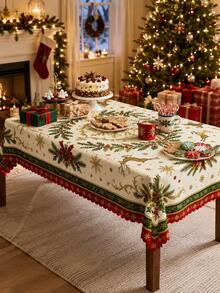 1pc Christmas Party Tablecloth, Reindeer, Holly, Bow Pattern, Rectangular And Round Options, Pine Branch And Snowflake Print Polyester Tablecloth, Suitable For Holiday Dining Room, Christmas Party, Winter Home Decor - Multicolor - View 15