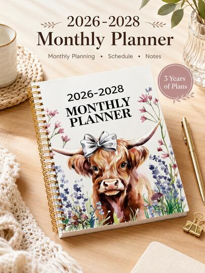 2026-2028 3-Year Planner - Elegant Floral Cow Design, Highland Cow, Weekly Layout, Suitable For Office, School, Home, Gift - Durable Paper Notebook, School Supplies, Romantic Theme, Functional Diary, Office Worker Notebook