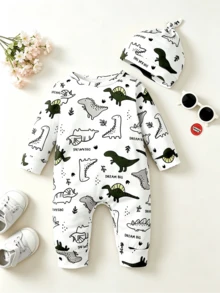 BrownBark 2pcs, Baby Boy Spring/Autumn Cute Casual Long Sleeve Dinosaur Print Romper, Matching Same Pattern Beanie Hat, Soft Comfortable Fabric, Newborn Baby Outing Crawl Suit, Cartoon Playful Design, Suitable For Daily Multi-Scenario Wear - Multicolor - View 2