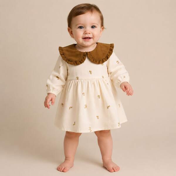 1pc Baby Girl Contrast Color Collar Embroidered Peter Pan Collar Dress, Casual Elegant Princess Style Spring/Autumn Outfit
