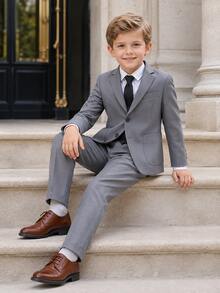 New Boys' Suit Set, Flower Boy Wedding Outfit, Performance Costume, British Style Boys' Performance Suit 3 Pieces Set, Suit Jacket And Pants - Grey - View 7