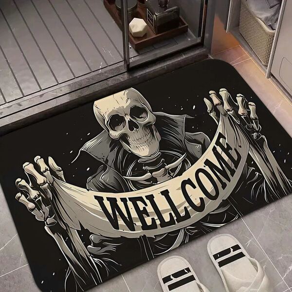 1pc Gothic Dark Style Skull Print "WELCOME" Doormat, Halloween Theme Fun Bath Mat, Suitable For Autumn, Christmas, Thanksgiving Atmosphere Decoration, Bathroom Mat, Door Mat, Home Decor, Area Rug, Welcome Mat, Carpet, Floor Mat, Washable Rug