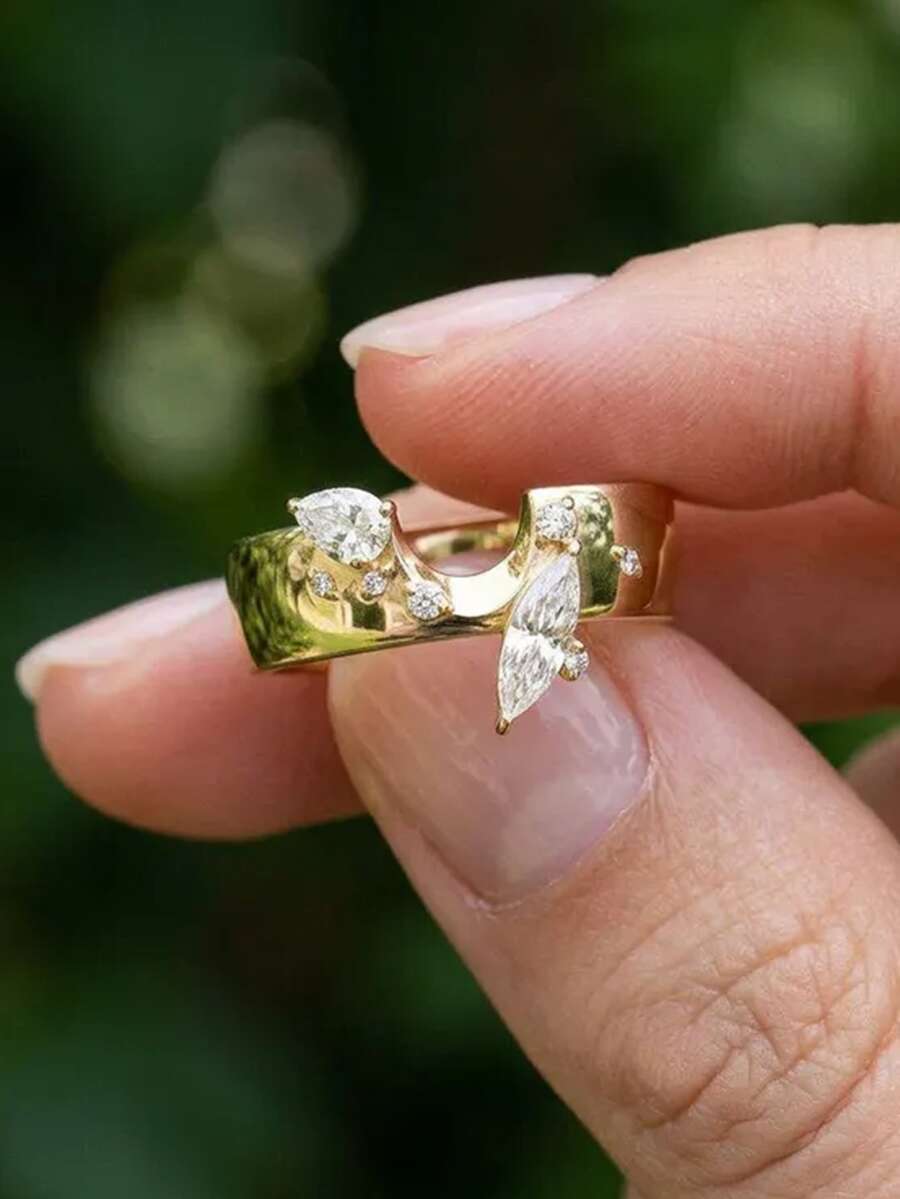 1pc Luxury Double Eye Synthetic Zirconia Inlaid 14K Gold Plated Ring, Geometric Vintage Niche Design Stackable Finger Ring, Jewelry Gift For Women And Men - Yellow - View 1