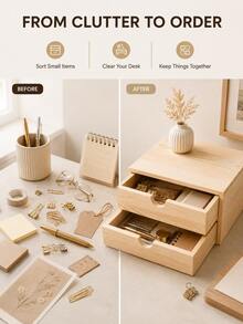 1/2pcs Minimalist Wood Grain Rectangular Natural Wood Color Double-Layer Drawer Desktop Storage Box With Semi-Circular Handle Detail, Suitable For Stationery, Jewelry, Notes, Documents, Cards, Small Items Organization, Office, Study, Bedroom, Dorm, Back To School, New Home Gift, Crescent-Shaped Handle Double Drawer Multi-Functional Desktop Layered Storage Pine Wood Drawer Storage Box Home Vanity - View 5