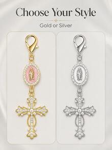 1pc Virgin Mary Cross Keychain, Alloy Rhinestone & Pearl Religious Pendant, Universal Charm For Car Keys, Handbags And Backpacks - A - View 9