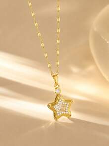 1pc Rhinestone Star Pendant Necklace With Crystal Star, Cute Fashion Jewelry, Suitable For Children's Party, Ball, Date And Daily Wear Gift - Gold - View 2