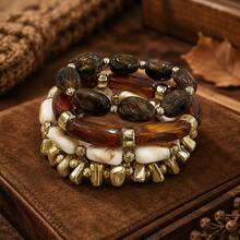 Bộ 4 vòng tay hạt phong cách Vintage Boho tông nâu & vàng cho nữ, vòng tay co giãn dày có thể đeo chồng, phù hợp mặc hàng ngày mùa thu, tiệc tùng và làm quà tặng - màu nâu - Xem 1