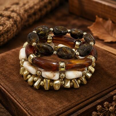 4pcs Vintage Boho Brown & Gold Tone Beaded Bracelet Set For Women, Chunky Stackable Elastic Bracelets For Autumn Daily Wear, Party & Gift