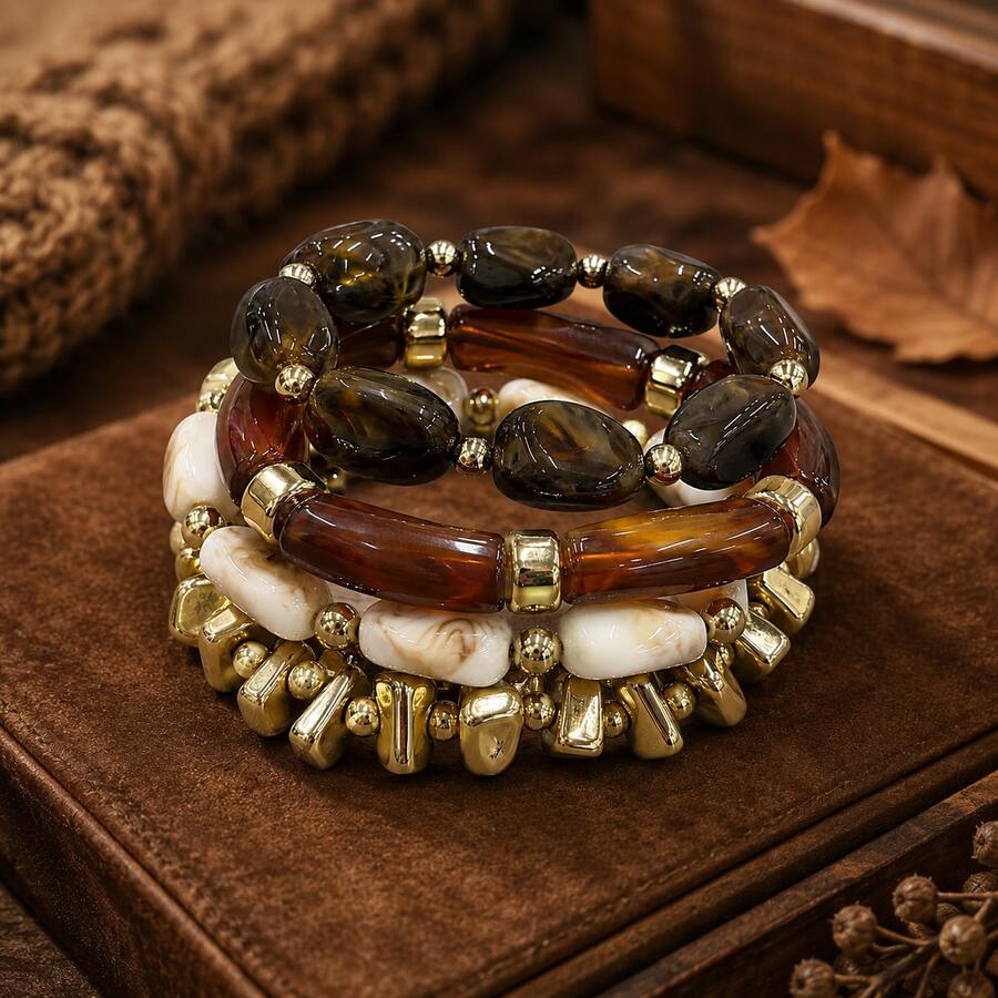Bộ 4 vòng tay hạt phong cách Vintage Boho tông nâu & vàng cho nữ, vòng tay co giãn dày có thể đeo chồng, phù hợp mặc hàng ngày mùa thu, tiệc tùng và làm quà tặng - màu nâu - Xem 1