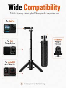 3-In-1 Quick Deployment Selfie Stick Tripod With 3-Prong Base And 1/4" Screw Adapter, 30cm Extendable Handle, Compatible With Osmo Action, Ace/Ace Pro, Suitable For Vlog, Travel, Selfie And Desktop Shooting - View 7