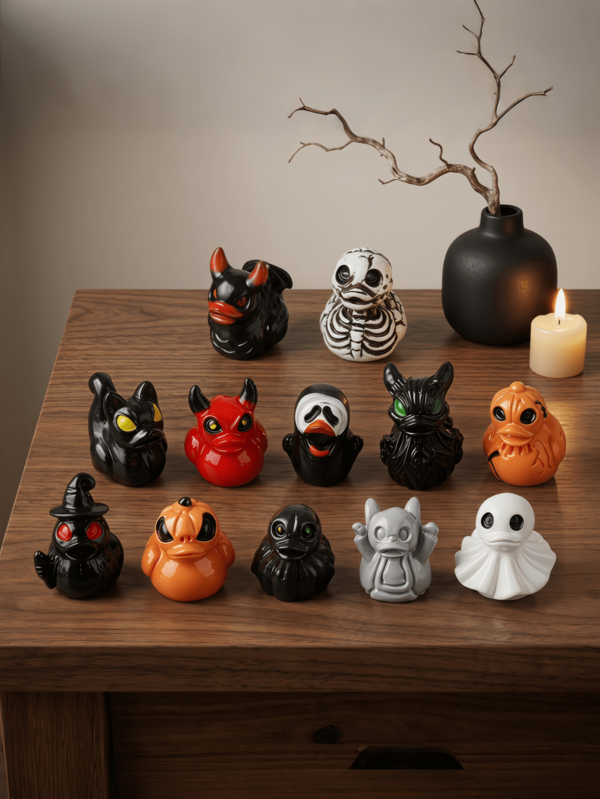 12pcs/Set Halloween Mini Resin Duck Figurines, Pumpkin Ghost Devil Skull Duck, Gothic Spooky Little Ducks, Desktop Ornament, Micro Landscape DIY Accessories, Halloween Party Favor Gift Decor