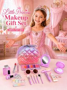 1 Set Little Girl Dress-Up Makeup Toy Set, Princess Gradient PU Grid Handbag, 24pcs Simulated Makeup Set, Girls Stage Performance Role Play Toy, Suitable For 3-6 Years Old Girls, Includes Comb, Glasses, Lipstick, Perfume, Mirror, Etc., Christmas Birthday Gift, Not Real Makeup - Jewelry Set - View 7