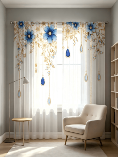 2PCS Blue Floral Gem Print Sheer Curtain, Rod Pocket Light Filtering Window Curtain, Elegant Luxury Tulle Curtain For Living Room Bedroom Home Decor, 2D Flat
