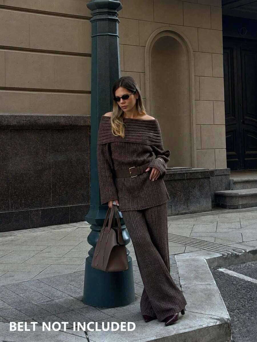 Setelan Sweater Rajut Bergaris Bahu Terbuka dan Celana Panjang Lebar untuk Wanita, Pakaian Santai dengan Kain Elastis Sedang - Coklat - View 1