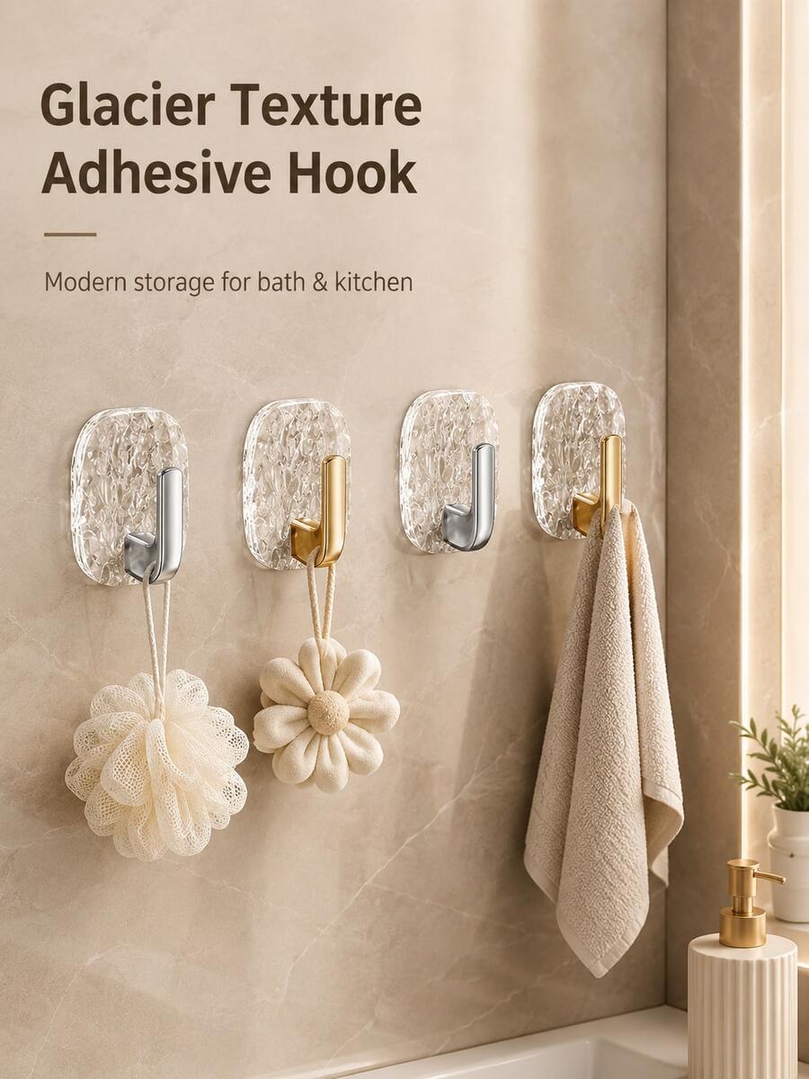 Drill-Free Self-Adhesive Bathroom Wall Hooks Modern Wall-Mounted Storage Rack, Glacier Texture, No Drilling Required, Suitable For Kitchen And Bathroom, Bathroom Hooks, Kitchen Storage, Easy To Install, Can Be Used For Halloween Decoration