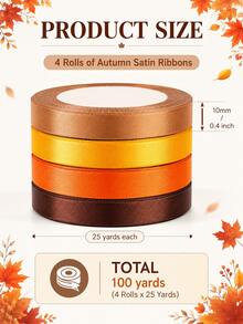 4 Rolls Autumn Silk Ribbon Set, 100 Yards Total, 10mm Wide, Orange-Brown Polyester Material, Suitable For Halloween Gift Wrapping, DIY Crafts, Party Decoration And More. - Brown and Yellow Tones - View 6