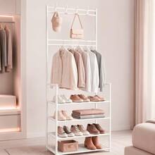 Organizador Hall de Entrada com Sapateira e Cabideiro 2 em 1 | Porta Sapatos, Arara de Roupas e Cabides com 4/5 Prateleiras - Visão 2