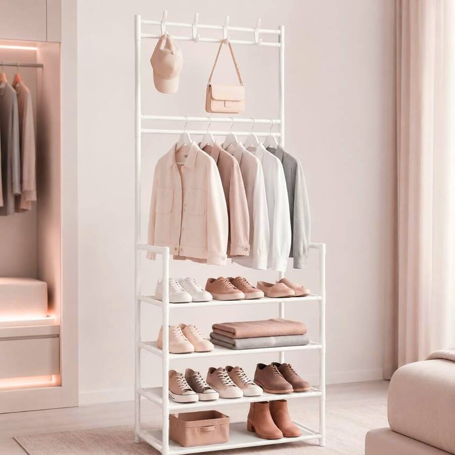 Organizador Hall de Entrada com Sapateira e Cabideiro 2 em 1 | Porta Sapatos, Arara de Roupas e Cabides com 4/5 Prateleiras