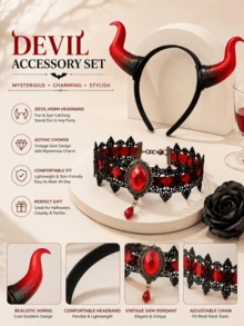 2-Piece Devil Costume Accessory Set, Red-Black Gradient Devil Horn Headband + Gothic Lace Choker With Red Gemstone, Adult Dark Fantasy Role Play Outfit, Suitable For Halloween, Gothic Party And Themed Events - Multicolor - View 1