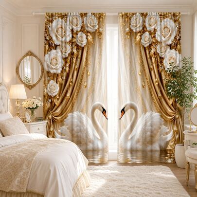 2 pièces Rideaux de luxe or semi-transparents, rideaux de fenêtre à poche de tringle, panneaux de rideaux de confidentialité filtrant la lumière avec imprimé numérique élégant de cygne blanc et rose blanche, rideaux de fenêtre en polyester de style mariage romantique pour chambre, salon, décoration de la maison