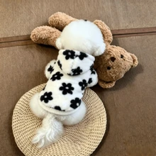 PETSIN Autumn/Winter Black & White Floral Coral Fleece Pet Hooded Sweatshirt, All-Over Black Flower Print, Soft Plush Ribbed Cuffs, Warm Coat For Small Dogs And Cats - White - View 15