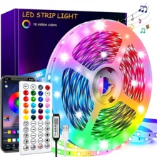 Tira de luz LED autoadhesiva con 44 teclas de control remoto inteligente + sincronización de música a través de aplicación, 6 modos DIY para ajuste de color con temporizador, tira de luz inteligente RGB, adecuada para dormitorio, sala de estar y decoración de fiestas. - luz policromática - Ver 1