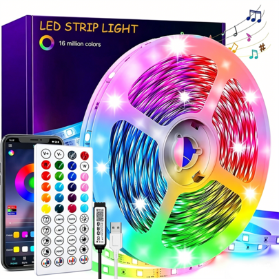 100FT 44-Key Smart Remote Control +App Music Synchronization Self-Adhesive LED Light Strip, 6 DIY Modes For Timed Color Adjustment, RGB Smart Light Strip, Suitable For Bedroom, Living Room And Party Decoration.