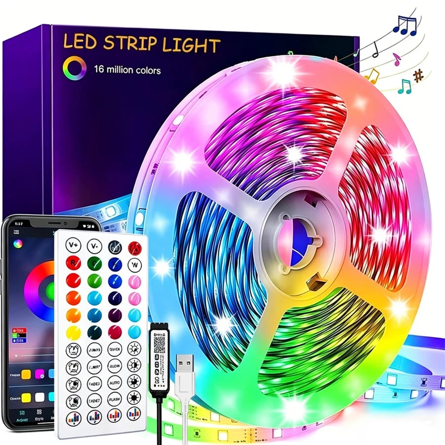 Tira de luz LED autoadhesiva con 44 teclas de control remoto inteligente + sincronización de música a través de aplicación, 6 modos DIY para ajuste de color con temporizador, tira de luz inteligente RGB, adecuada para dormitorio, sala de estar y decoración de fiestas. - luz policromática - Ver 1