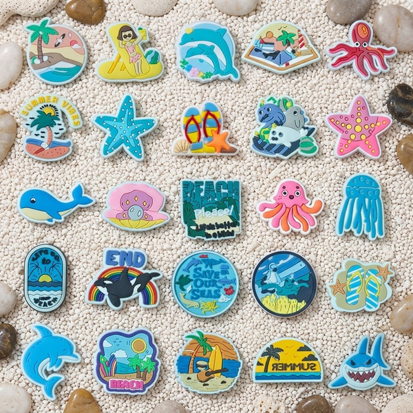 25 Pcs/Pack Cute Sea Creatures & Summer Beach PVC Shoe Charms, Fitting For Punched Footwear Accs, Personalized Ocean Party Supplies