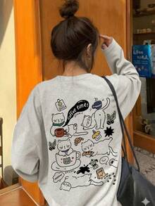 Women's Spring/Autumn Loose Fit Versatile Round Neck Fashion Top Casual Cat Pattern Letter Print Comfortable Long Sleeve T-Shirt - Light Gray - View 4