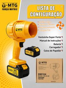 Kit Soprador de Ar Turbo Sem Fio MTG 21V 350W 30.000 RPM, Velocidade até 144 km/h, com 2 Baterias, Carregador e Maleta para Limpeza de Carros, Casa e Jardim - Amarelo - Visão 2