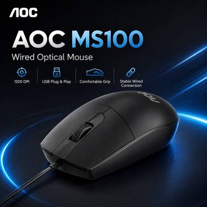 Ratón AOC MS100 con cable para juegos y oficina, conexión USB Plug-And-Play, agarre cómodo, botones responsivos y control preciso, adecuado para portátil y ordenador de sobremesa