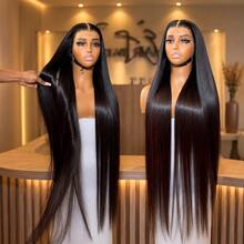 8-34 Zoll Lace Front Perücke, kein Kleber nötig, brasilianisches Jungfernhaar, 200% Dichte, vorgeschnitten, mit Baby-Haar, Bob-Stil, natürliches Aussehen, hitzebeständige synthetische Perücke, geeignet für Frauen, Weihnachtsgeschenk - Natürlich & Schwarz - Übersicht 2