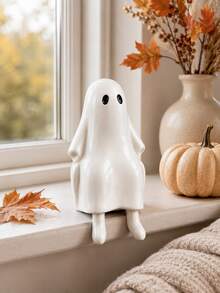 1pc Halloween Sitting Ghost Statue, Adorable White Ghost With Hanging Legs, Cute Spooky Resin Decoration For Fireplace Mantel, Coffee Table, Bookshelf, Kitchen Counter And Autumn Home Decor - Classic - View 5