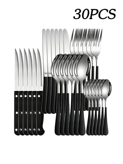 5/20/30pcs Stainless Steel Cutlery Set Steak Knife Dinner Knife Dinner Fork Dinner Spoon Dessert Spoon, Suitable For Home Kitchen Hotel Restaurant Holiday Gift