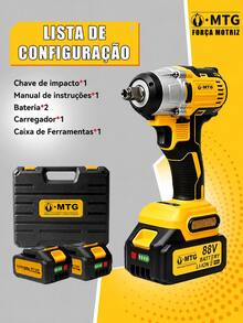 Kit Chave de Impacto Parafusadeira Sem Fio MTG 21V Brushless 1/2" 500 N.m, com 2 Baterias, Carregador e Maleta - Amarelo - Visão 2