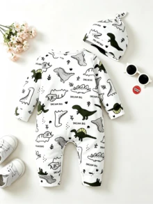 BrownBark 2pcs, Baby Boy Spring/Autumn Cute Casual Long Sleeve Dinosaur Print Romper, Matching Same Pattern Beanie Hat, Soft Comfortable Fabric, Newborn Baby Outing Crawl Suit, Cartoon Playful Design, Suitable For Daily Multi-Scenario Wear - Multicolor - View 3