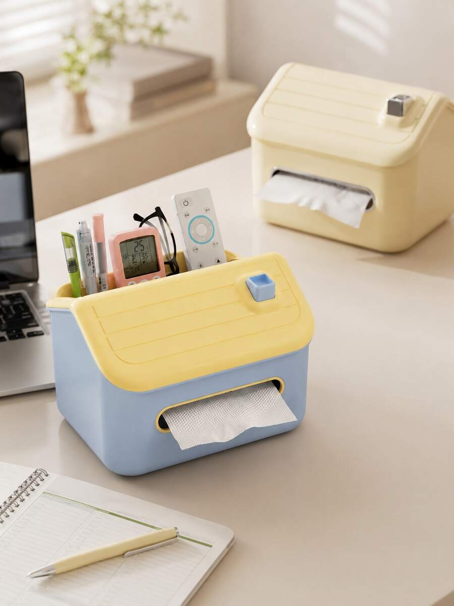 Multifunctional Plastic Tissue Box With Divided Storage Compartments, House‑Shaped Napkin Holder For Phone Remote Pen Eyeglasses, Desktop Organizer For Home Office Table