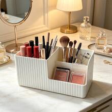 Cream White Vertical Stripe Multi-Compartment Cosmetic Storage Box, INS Style Desktop Makeup Organizer, Vanity Lipstick Makeup Brush Eyebrow Pencil Makeup Storage Basket, Plastic Divided Design, Large Capacity Can Store Various Makeup Small Items, Suitable For Bedroom Vanity, Bathroom Countertop, Simple Space-Saving, Practical Home Makeup Storage Organizer For Women - View 9
