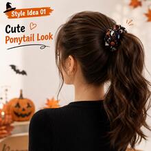 Halloween Hair Scrunchies - Cute Ghost, Pumpkin & Bat Print, Soft & Elastic, Back To School Accessory Gift - Multicolor - View 4