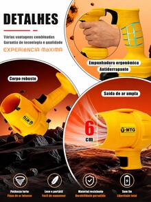 Kit Soprador de Ar Turbo Sem Fio MTG 21V 350W 30.000 RPM, Velocidade até 144 km/h, com 2 Baterias, Carregador e Maleta para Limpeza de Carros, Casa e Jardim - Amarelo - Visão 4