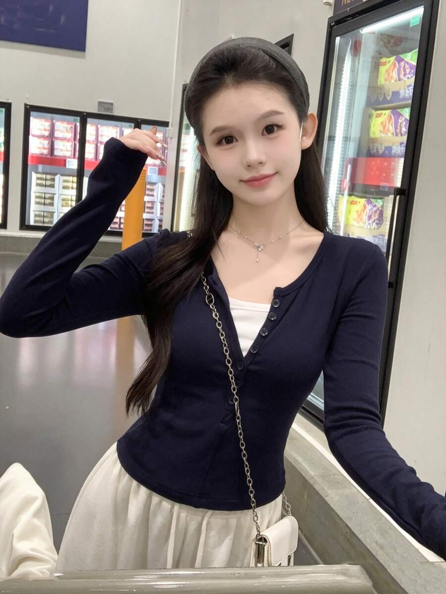 女款 2 合 1 鈕扣式修身百搭長袖 T 恤,適合日常休閒穿著 - 藏蓝色 - 查看 1