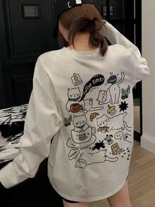Women's Spring/Autumn Loose Fit Versatile Round Neck Fashion Top Casual Cat Pattern Letter Print Comfortable Long Sleeve T-Shirt - Light Gray - View 2