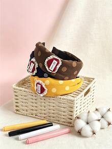 1pc Vintage Polka Dot Wide Fabric Headband With Sweet Label, Available In Mustard, Navy, Coffee, Suitable For Daily Outfits, Photo Styling And Home Grooming, Versatile Retro Sweet Style Accessory - Multicolor - View 1