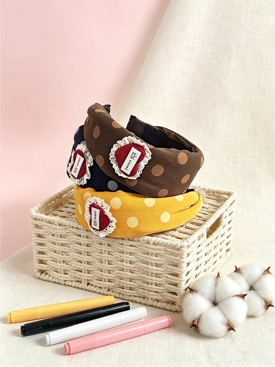 1pc Vintage Polka Dot Wide Fabric Headband With Sweet Label, Available In Mustard, Navy, Coffee, Suitable For Daily Outfits, Photo Styling And Home Grooming, Versatile Retro Sweet Style Accessory - Multicolor - View 1