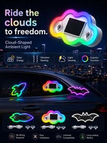 XF.Meraki Solar Powered RGB LED Car Window Neon Light, Bat Cloud Rocket Shape, With Motion Sensor And Suction Cup, 7 Light Modes, 300mAh Romantic Car Interior Decoration, Suitable For Sun Visor, Rear Window And Side Window, Couple Gift - A - View 12