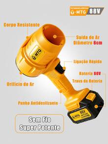 Kit Soprador de Ar Turbo Sem Fio MTG 21V 350W 30.000 RPM, Velocidade até 144 km/h, com 2 Baterias, Carregador e Maleta para Limpeza de Carros, Casa e Jardim - Amarelo - Visão 3