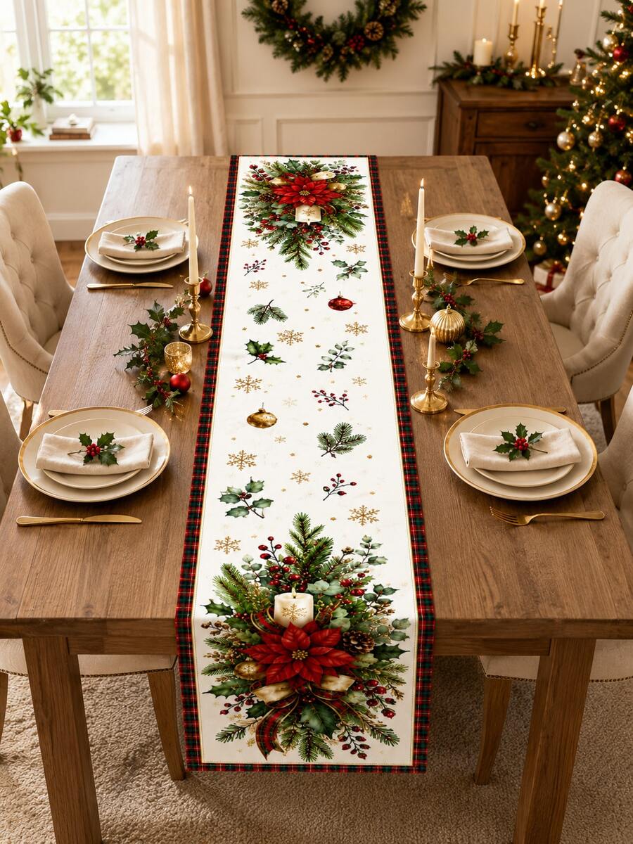 1pc 72 Inch Christmas Table Runner, Red Poinsettia Holiday Table Runner, Pine Branch Holly Berry Wreath Design, Elegant Christmas Table Decor, Suitable For Dining Room Kitchen, Rustic Farmhouse Style Christmas Decoration, Winter Holiday Home Party Centerpiece - Multicolor - View 1