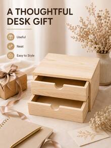 1/2pcs Minimalist Wood Grain Rectangular Natural Wood Color Double-Layer Drawer Desktop Storage Box With Semi-Circular Handle Detail, Suitable For Stationery, Jewelry, Notes, Documents, Cards, Small Items Organization, Office, Study, Bedroom, Dorm, Back To School, New Home Gift, Crescent-Shaped Handle Double Drawer Multi-Functional Desktop Layered Storage Pine Wood Drawer Storage Box Home Vanity - View 9