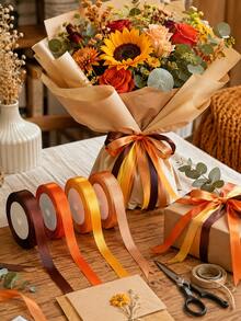 4 Rolls Autumn Silk Ribbon Set, 100 Yards Total, 10mm Wide, Orange-Brown Polyester Material, Suitable For Halloween Gift Wrapping, DIY Crafts, Party Decoration And More. - Brown and Yellow Tones - View 2